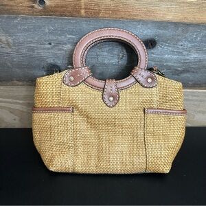 Fossil Woven Rattan Crossbody Handbag Beach Bag Leather Strap Handbag Brown